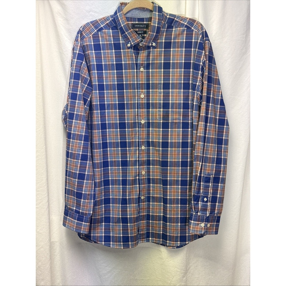 Crown & Ivy Men's XL Classic Fit‎ Navy/Orange Plaid Button-Down Long Sleeve